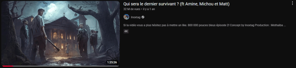 Capture d'écran d'une vidéo YouTube d'Inoxtag intitulée « Qui sera le dernier survivant ? ». La miniature montre une scène cinématographique sombre où quatre personnes se tiennent devant un manoir hanté sous une pleine lune, l'une d'elles tenant une hache.