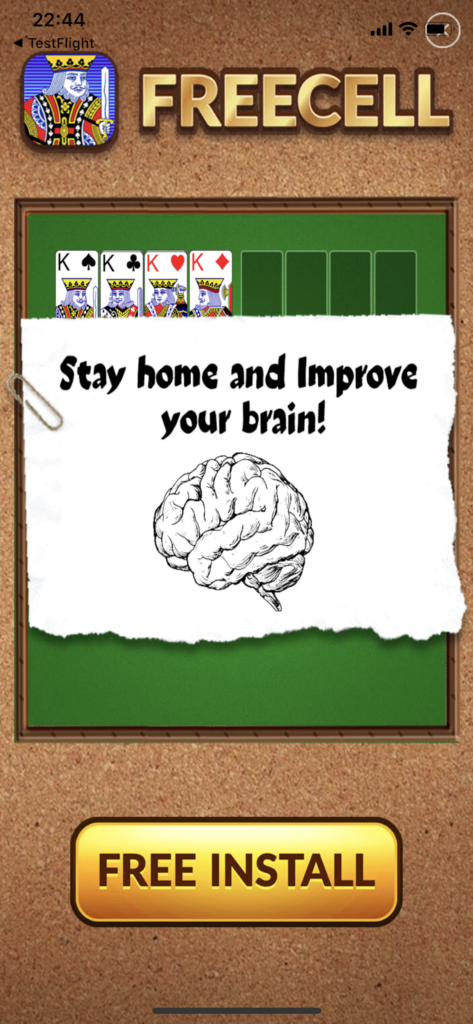 Publicité mobile pour un jeu de cartes avec un grand bouton « installer » très visible en bas de l’écran, tandis que les options pour fermer ou ignorer sont peu mises en avant, incitant à cliquer rapidement.