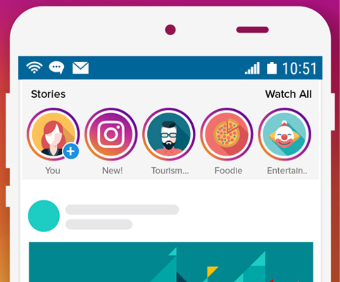 Illustration d’un smartphone affichant l’interface d’un réseau social. En haut de l’écran apparaissent plusieurs stories.
