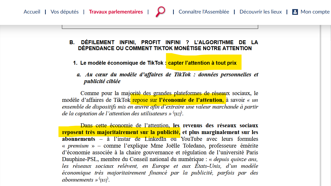 Capture d'écran du rapport de la commission française sur Tiktok en 2025 : nous y avons souligné en fluo les extraits faisant mention "capter l'attention à tout prix", "repose sur l'économie de l'attention" et "repose très majoritairement sur la publicité".