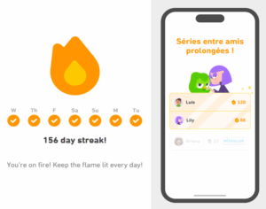 Illustration du système de gamification de Duolingo : l’application affiche une série de jours d’utilisation consécutifs (« streak »), symbolisée par une flamme, ainsi qu’un classement entre amis.