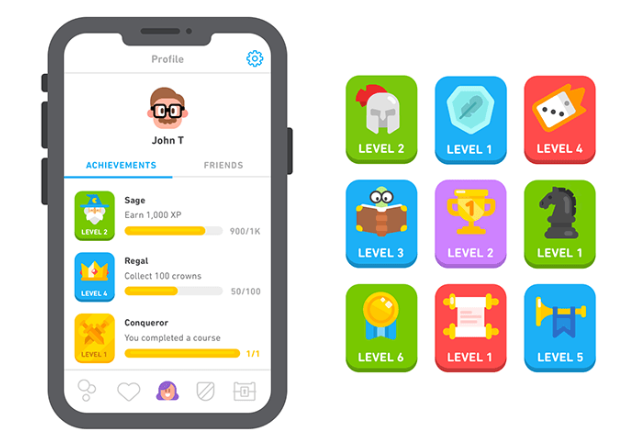 Illustration de l'interface de Duolingo, affichant un profil avec des niveaux, des badges et des récompenses à débloquer