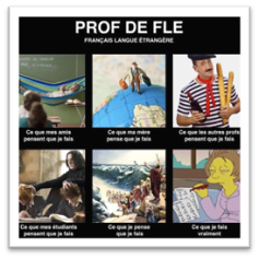 Meme intitulé « PROF DE FLE » (Français Langue Étrangère) composé de six cases illustrant avec humour les différentes perceptions du métier : la paresse pour les amis, les voyages pour la mère, les clichés français pour les collègues, la sévérité pour les élèves, l'héroïsme pour soi-même et l'épuisement administratif dans la réalité.