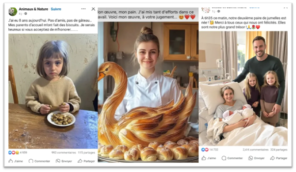 Montage de trois captures d'écran d'images publiées sur Facebook accompagnées de leurs textes respectifs :
À gauche : Une petite fille triste est assise devant une assiette de biscuits dans une pièce modeste. La légende indique : « J'ai eu 8 ans aujourd'hui. Pas d'amis, pas de gâteau... Mes parents d'accueil m'ont fait des biscuits. Je serais heureux si vous acceptiez de m'honorer... ».
Au centre : Une jeune femme en tenue de chef sourit derrière une impressionnante sculpture de boulangerie en forme de cygne. La légende indique : « Mon œuvre, mon pain. J'ai mis tant d'efforts dans ce travail. Voici mon œuvre, à votre jugement... ».
À droite : Une famille pose joyeusement dans une chambre d'hôpital autour d'une maman tenant deux nouveau-nés. La légende indique : « À 6h35 ce matin, notre deuxième paire de jumelles est née ! Merci à tous ceux qui nous ont félicités. Elles sont notre plus grand trésor ! ».