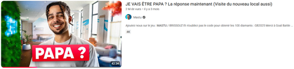 Capture d'écran d'une vidéo YouTube de Mastu intitulée « JE VAIS ÊTRE PAPA ? La réponse maintenant ». La miniature montre le vidéaste souriant dans un bureau moderne et lumineux, avec le texte « PAPA ? » écrit en grosses lettres blanches sur un rectangle rouge en bas à gauche.