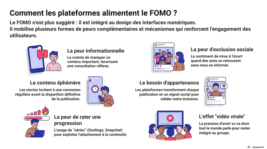 Illustration récapitulative sur le FOMO :
Comment les plateformes aliment le FOMO ?
Le FOMO n'est plus suggéré : il est intégré au design des interfaces numériques. Il mobilise plusieurs formes de peurs complémentaires et mécanismes qui renforcent l'engagement des utilisateurs.
La peur informationnelle : la crainte de manquer un contenu important, favorisant une consultation réflexe.
Le contenu éphémère : les stories incitent à une connexion régulière avant la disparition définitive de la publication.
La peur de rater une progression : l'usage de "séries" (Duolingo, Snapchat) pour exploiter l'attachement à la continuité.
La peur d'exclusion sociale : le sentiment de mise à l'écart quand des amis se retrouvent sans nous informer.
Le besoin d'appartenance : les plateformes transforment chaque publication en un signal social pour valider notre inclusion.
L'effet "vidéo virale" : la pression d'avoir vu ce dont tout le monde parle pour rester intégré au groupe.