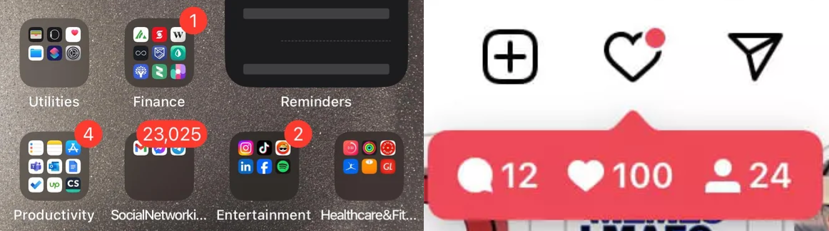 A gauche, capture d'écran de la page d'accueil d'un smartphone affichant plusieurs applications avec des pastilles de notifications rouge. A droite, capture d'écran des indicateurs d’interactions sur Instagram (likes, commentaires, abonnés)