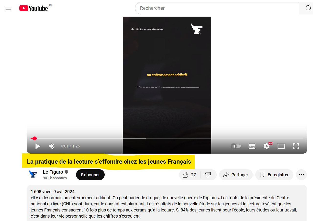 Capture d'écran d'une vidéo du média français Figaro le 9 avril 2024 : "La pratique de la lecture s'effondre chez les jeunes français".