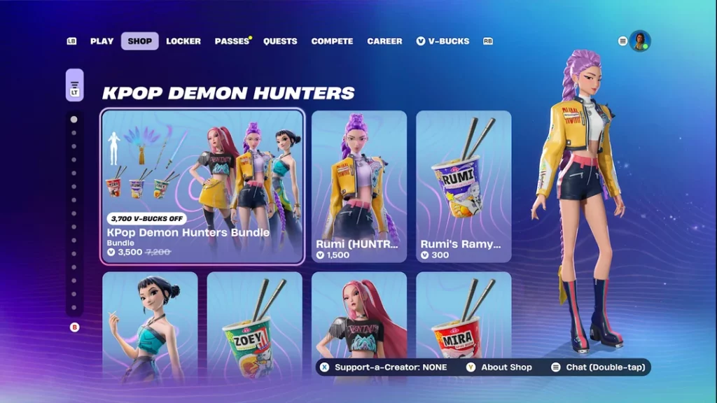 Capture d'écran de la boutique intégrée du jeu Fortnite pendant l'évènement Kpop Demon Hunters.