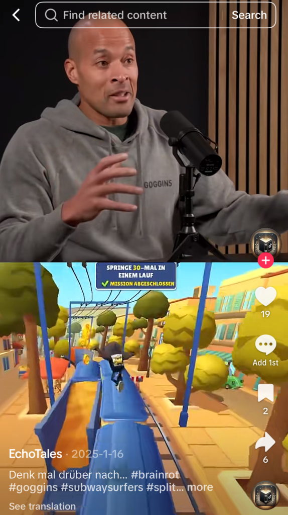 Capture d'écran d'une vidéo TikTok divisisée en deux partie : au dessus de l'image un homme parle et en dessous, on voit un jeu vidéo qui défile.